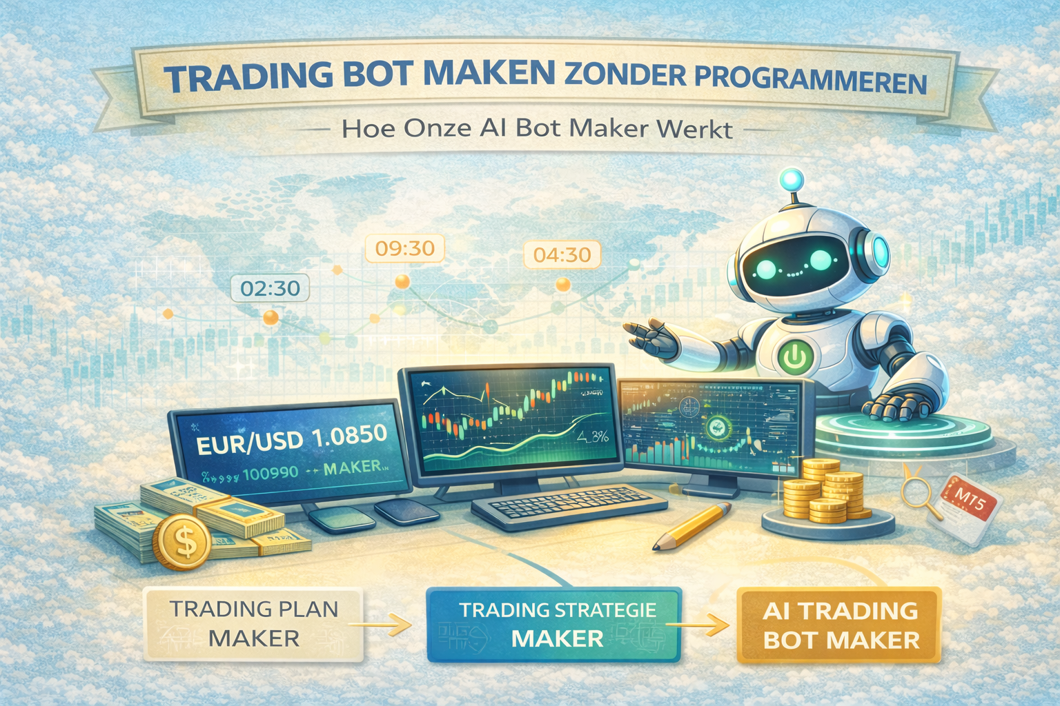 trading bot maken zonder programmeren, trading bot maker, automatische trading EA AI, metatrader 4 MQL4 trading EA bot trading robot maker, Metatrader 5 MWL5, tradingview pine, propfirm botmaker.